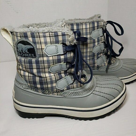 Sorel Waterproof Boots Womens Sz 5 Gray Blue‎ Plaid Over Ankle Lined - Picture 1 of 9